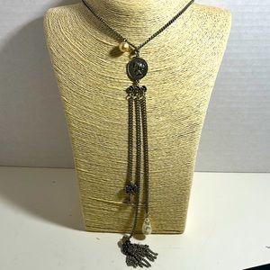 Yochi Ny necklace silver tone coin tassel key faux pearls approx 25”